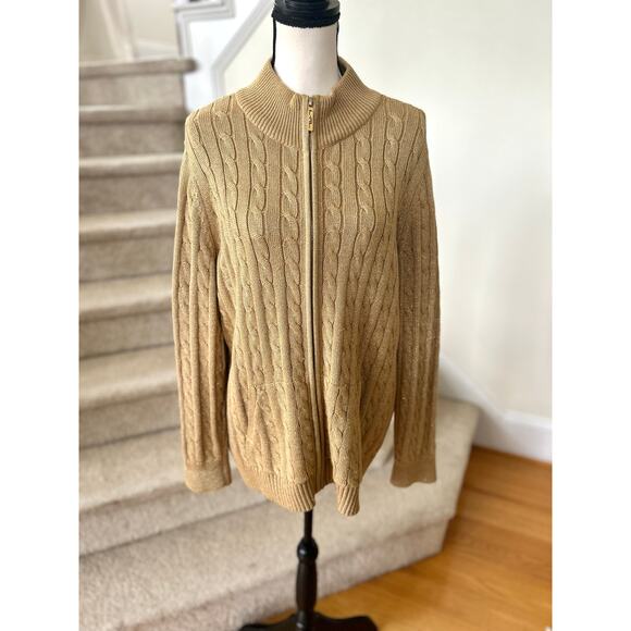 Ralph Lauren Metallic Gold Sparkle Cableknit Full Zip Long Sleeve Sweater - Picture 1 of 7